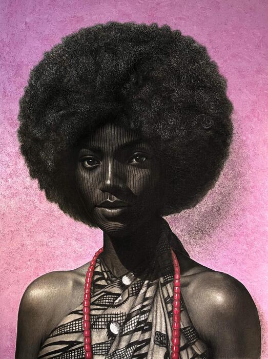 AFRO, 2024, charcoal and acrylic on canvas, 48 x 36 in. / 121.92 x 91.44 cm.