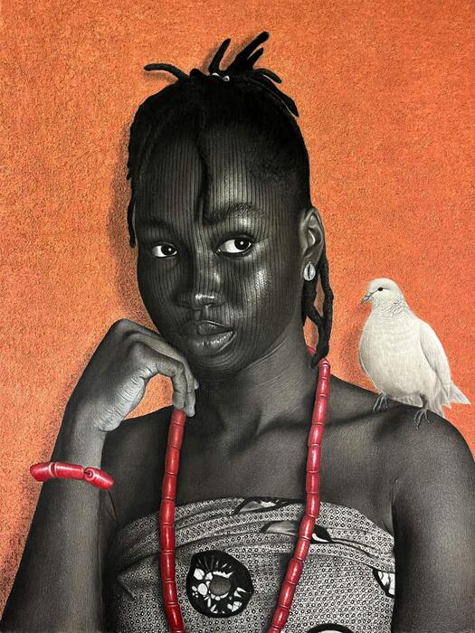 Patiently Waiting, 2024, charcoal and acrylic on canvas, 48 x 36 in. / 121.92 x 91.44 cm.