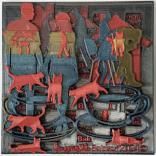 10524, Cats, Coffee, Parents Remain, 2024, 3D monoprint collage, 7.5 x 7.5 in. / 19.05 x 19.05 cm.