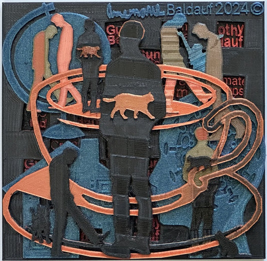 102924, Cats, Coffee, Parents-Remain, 2024, 3D monoprint collage, 7.5 x 7.5 in. / 19.05 x 19.05 cm.