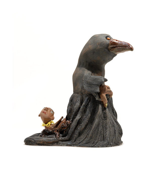 Crow Takes for a Walk a Pet, 2024, ceramics, 8.9 x 8 x 3.9 in. / 22.60 x 20.32 x 9.90 cm.