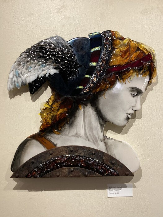 Perseus, 2024, fused glass and powdered enamels, 24 x 24 in. / 60.96 x 60.96 cm.