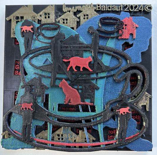 111124 BLUE Parents Remain, 2024, 3D mono print collage, 7.5 x 7.5 in. / 19.05 x 19.05 cm.
