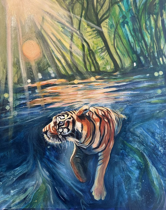 Sunlit Hunt, 2025, mixed media on watercolor paper, 28 x 22 in. / 71.12 x 55.88 cm.