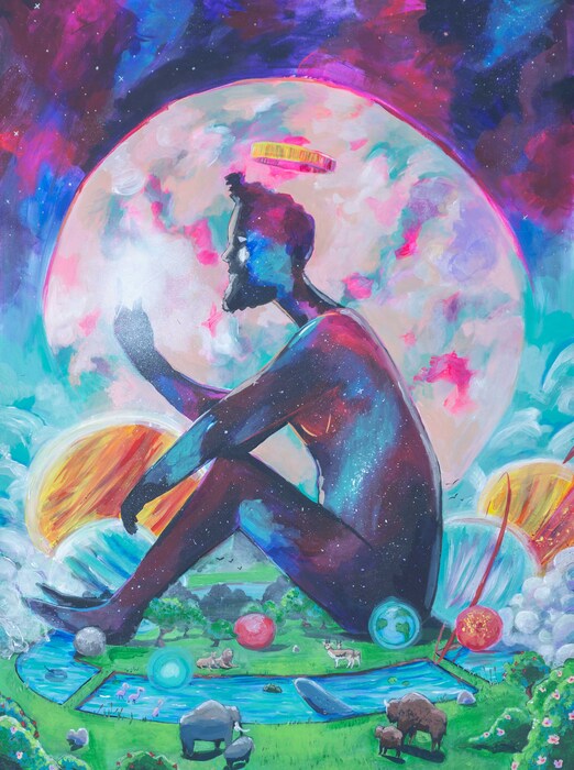 Cronus and The Offering, 2024, acrylic on canvas, 48 x 36 in. / 121.92 x 91.44 cm.