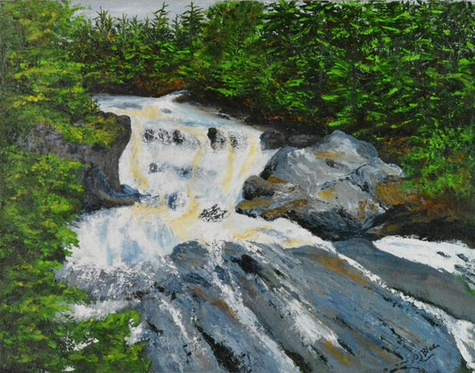 Along the Potato River, Wisconsin, 2024, acrylic, 16 x 20 in. / 40.64 x 50.8 cm.