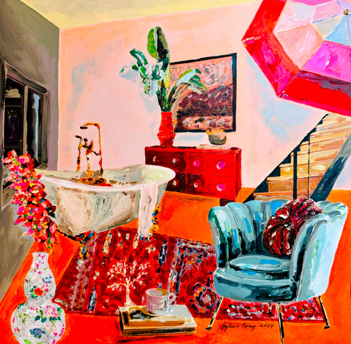 Orange Bathroom, 2024, mixed media on canvas, 40 x 40 cm. / 15.7 x 15.7 in.