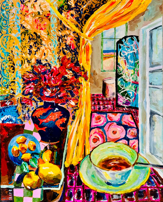 Tea Time, 2024, mixed media on canvas, 50 x 40 cm. / 19.6 x 15.7 in.