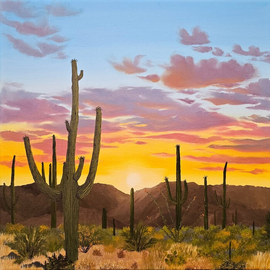 Dancing Saguaro Sunset, 2025, oil on canvas, 12 x 12 in. / 30.48 x 30.48 cm.