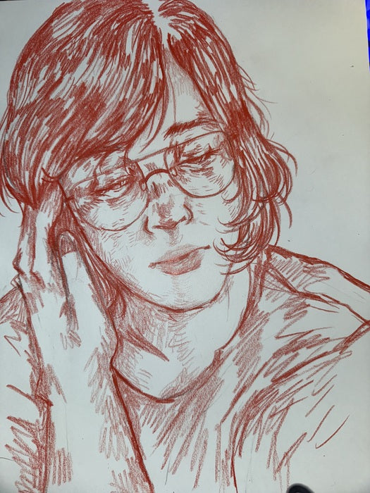 Self Portrait in Red, 2025, colored pencil, 14 x 11 in. / 35.56 x 27.94 cm.