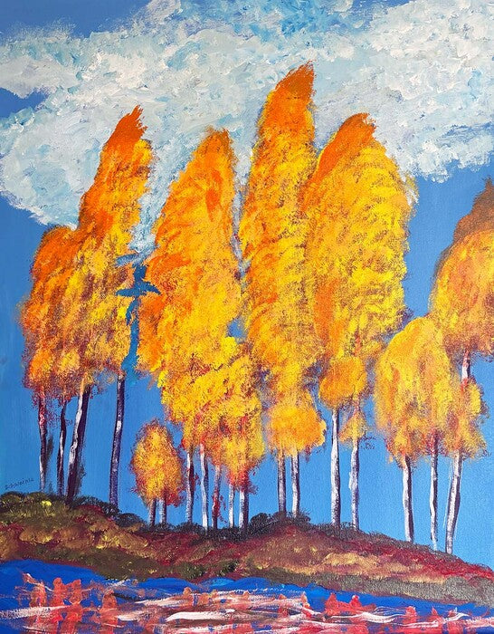 Tall Aspens, 2024, acrylic, 17 x 22 in. / 43.18 x 55.88 cm.