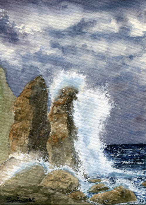 Tumultuous Seas, 2025, watercolor on rough press, 9.5 x 6.75 in. / 24.13 x 17.14 cm.