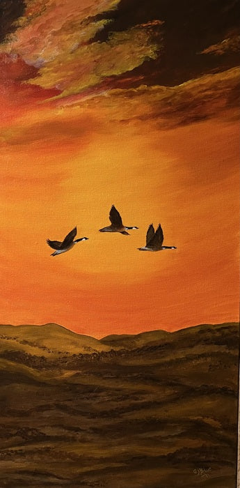 Flying Home, 2023, acrylic, 15 x 30 in. / 38.1 x 76.2 cm.
