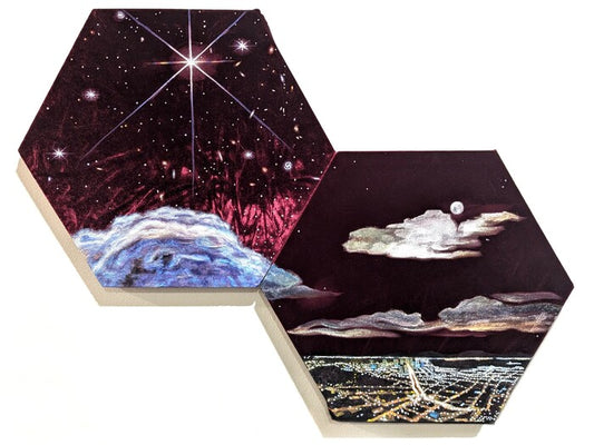 Twin Universes, 2025, acrylic on reclaimed velvet, 15 x 20 in. / 38.1 x 50.8 cm.