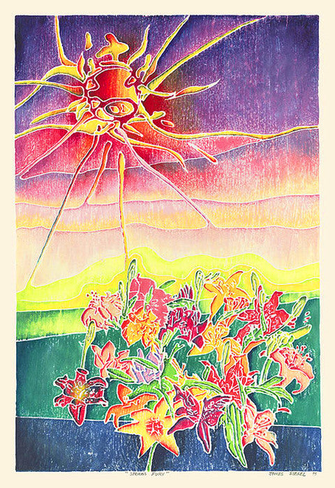 Natures Fury, 2015, woodblock watercolor, 11 x 16 in. / 27.94 x 40.64 cm.