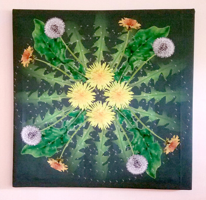 Dandelion Cycle, 2019, layered digitally printed fabric, 16 x 16 in. / 40.64 x 40.64 cm.
