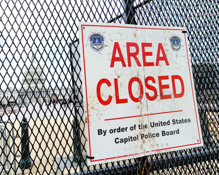 Sign of the times - AREA CLOSED Sign on US Capitol Fencing, 2023, photography, 8 x 10 in. / 20.32 x 25.4 cm.
