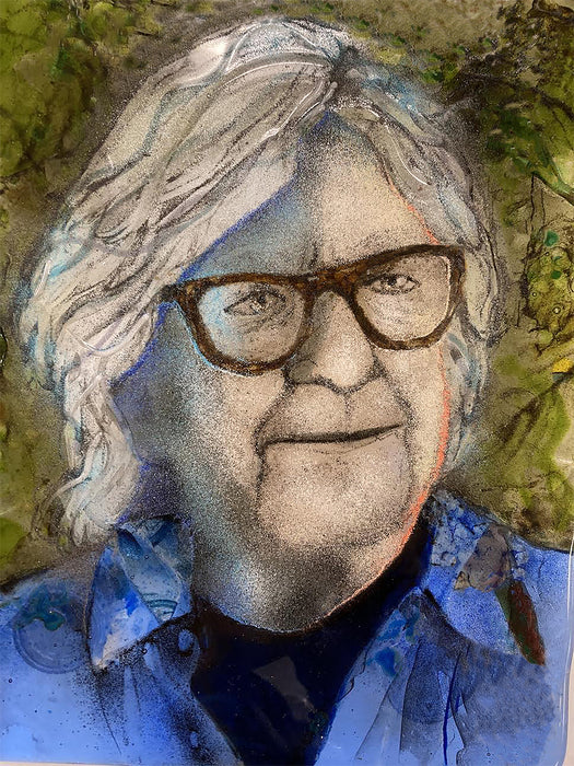 Narcissus, 2024, fused glass and powdered enamels, 12 x 8 in. / 30.48 x 20.32 cm.