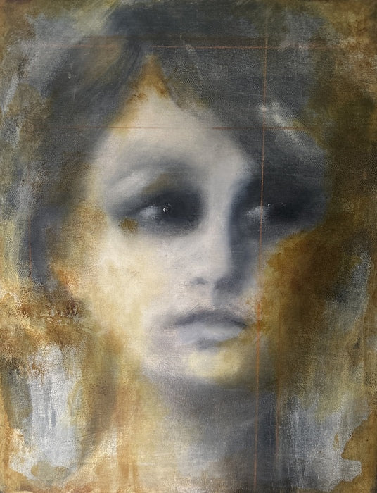Damaged Photo Series, Anna, 2023, oil and ink on canvas, 20 x 16 in. / 50.8 x 40.64 cm.