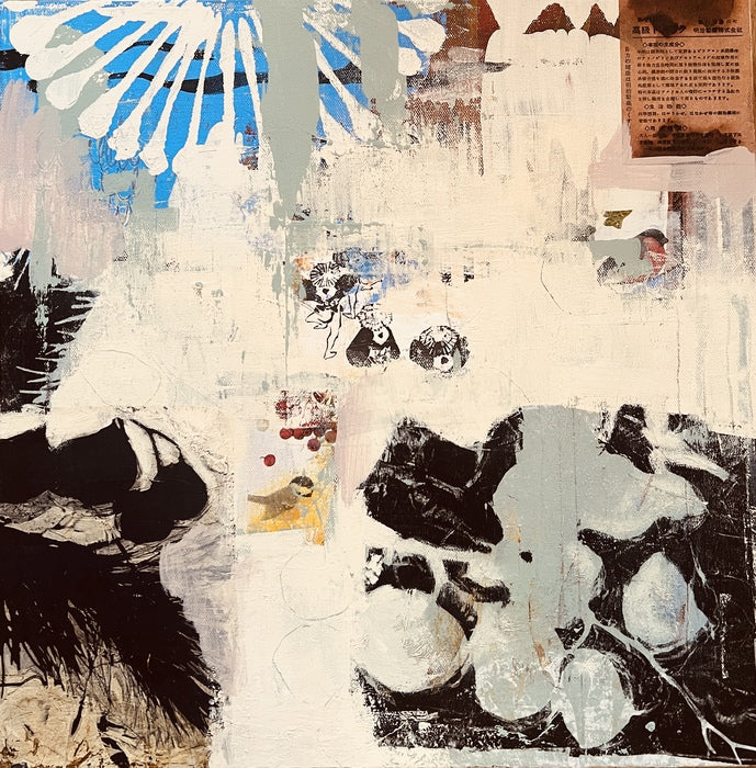 Kampong, 2025, acrylic on collage, 18 x 18 in. / 45.72 x 45.72 cm.