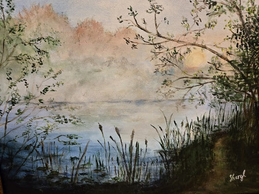 Misty Morning, 2024, acrylic, 16 x 20 in. / 40.64 x 50.8 cm.