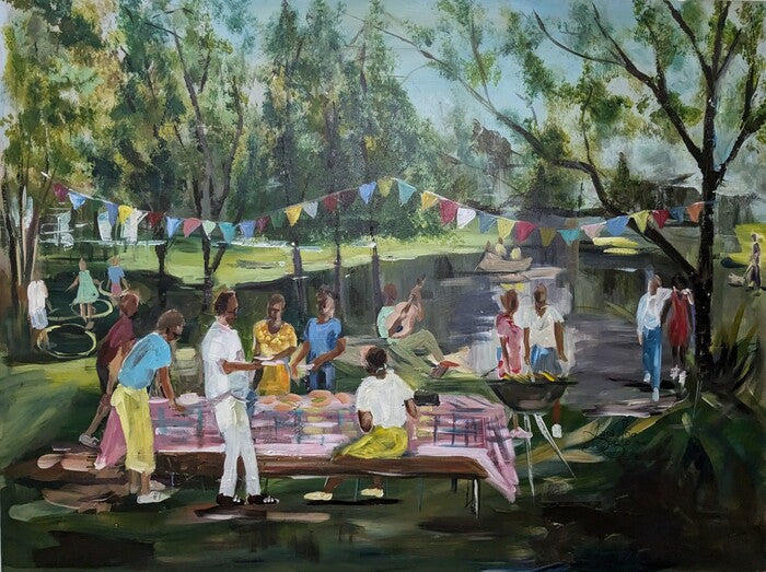Gathering by the Lake, 2025, acrylic on canvas, 36 x 48 in. / 91.44 x 121.92 cm.