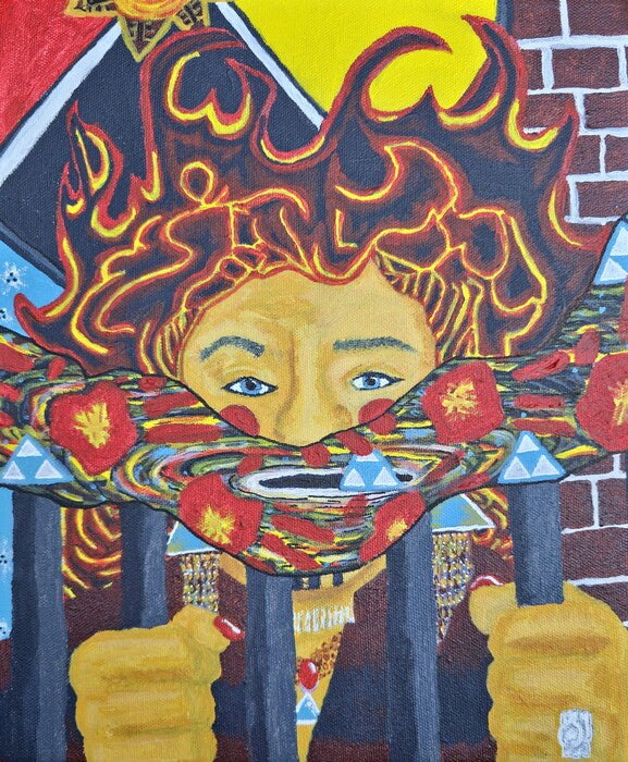 Silence is a Cage Made of Ash; Bricks to Embers, Hands.., 2025, acrylic on canvas, 30 x 25 in. / 76.2 x 63.5 cm.