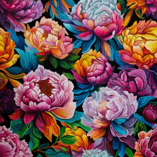 Neon Peonies, 2025, acrylic on canvas, 20 x 20 in. / 50.8 x 50.8 cm.