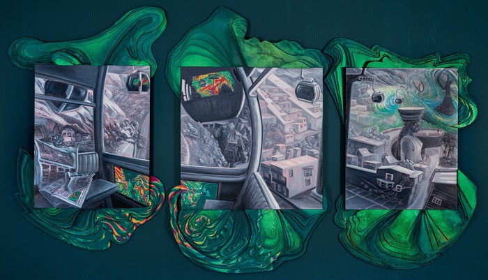 Land Escape, 2025, oil and carved foam on panel, 66 x 30 in. / 167.64 x 76.2 cm.