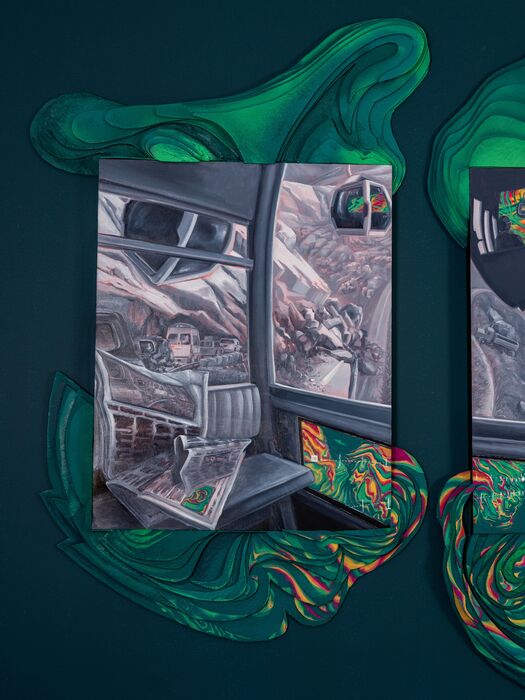 Land Escape, 2025, oil and carved foam on panel, 66 x 30 in. / 167.64 x 76.2 cm.