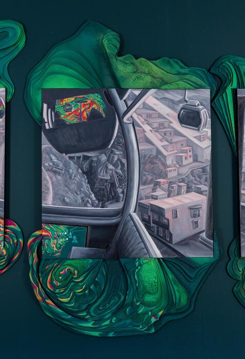 Land Escape, 2025, oil and carved foam on panel, 66 x 30 in. / 167.64 x 76.2 cm.