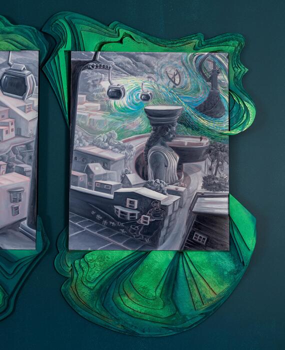 Land Escape, 2025, oil and carved foam on panel, 66 x 30 in. / 167.64 x 76.2 cm.