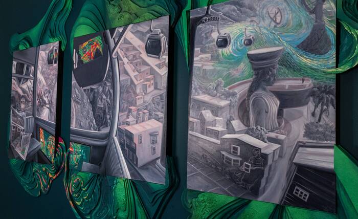 Land Escape, 2025, oil and carved foam on panel, 66 x 30 in. / 167.64 x 76.2 cm.