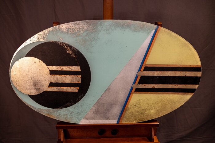 Eclipse, 2024, etched mirror, imitation silver leaf, paint, matte coating, 39 x 22 in. / 100 x 55.88 cm.