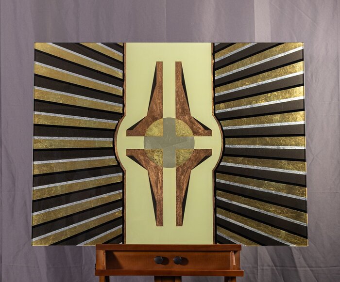 Sun Gate, 2024, glass, imitation gold, silver and copper leaf, paint, 32 x 45 in. / 81.28 x 114.3 cm.