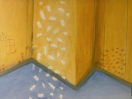 My Pretty Little Cell, 2025, acrylic and oil pastels, 18 x 24 in. / 45.72 x 60.96 cm.