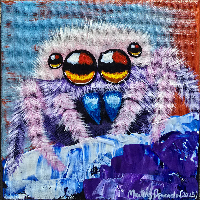 Fuzzy Spider, 2025, acrylic on canvas, 6 x 6 in. / 15.24 x 15.24 cm.
