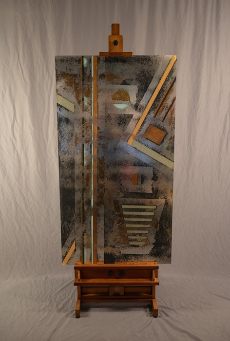 Silver Age, 2024, etched mirror, gilding copper, paint, 53 x 29 in. / 134.62 x 73.66 cm.