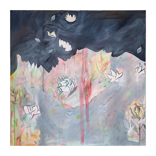 Comic Leaves, 2023, oil paint on stretched canvas with gesso, 48 x 48 in. / 121.92 x 121.92 cm.