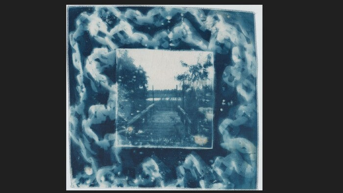 Dock, 2024, instant photography cyanotype on cloth, 12 x 12 in. / 30.48 x 30.48 cm.