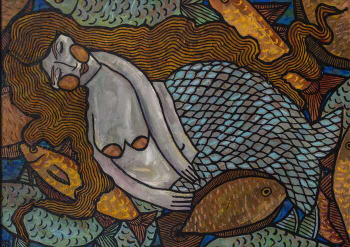 Swimming With The Fishes, 2025, acrylic and oil pastel on canvas, 20 x 28 in. / 50.8 x 71.12 cm.