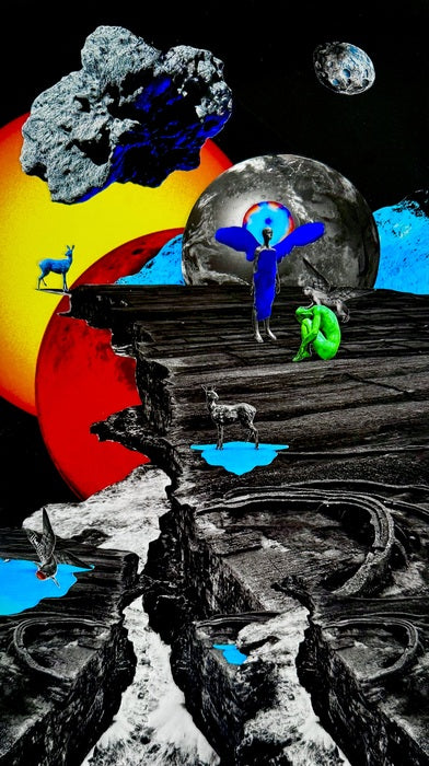 Echoes from the Beginning (Arrival), 2025, hybrid collage, 16 x 8.5 in. / 40.64 x 21.59 cm.