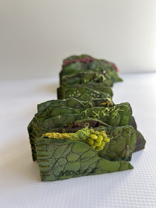 Moss Study 1-3, 2025, textile, acrylic paint, embroidery floss, 6 x 12 x 6 cm. / 2.36 x 4.72 x 2.36 in.