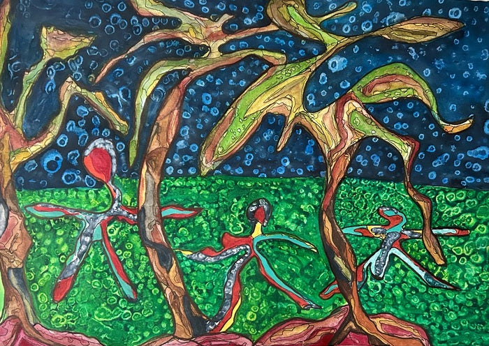 Dancers with Trees, 2024, mixed media, 16 x 14 in. / 40.64 x 35.56 cm.