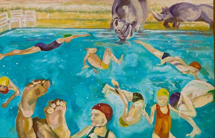 Rhinos & Swimmers, 2001, oil on canvas, 24 x 36 in. / 60.96 x 91.44 cm.