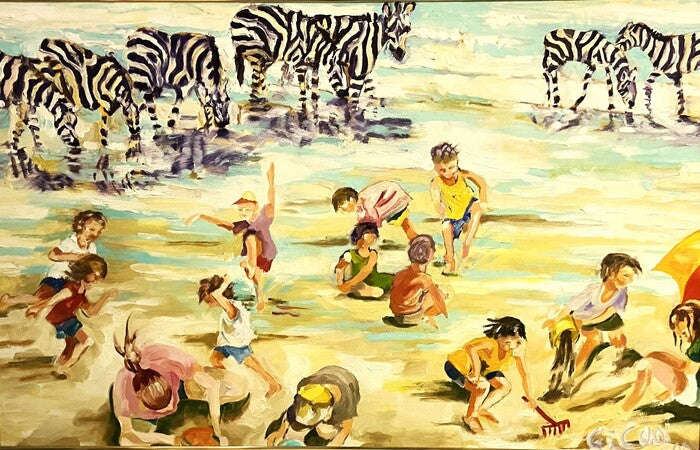 Zebras & Beach Children, 2001, oil on canvas, 30 x 48 in. / 76.2 x 121.92 cm.
