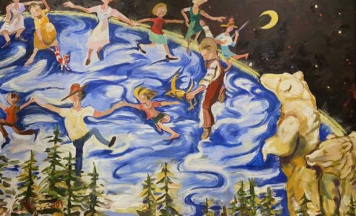 Dancing on the World, 2001, oil on canvas, 30 x 48 in. / 76.2 x 121.92 cm.