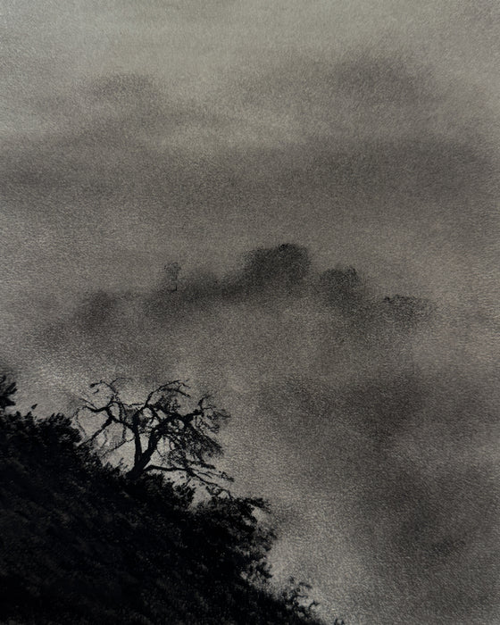 Where the World Falls Away, 2024, charcoal on paper, 7 x 6 in. / 17.78 x 15.24 cm.
