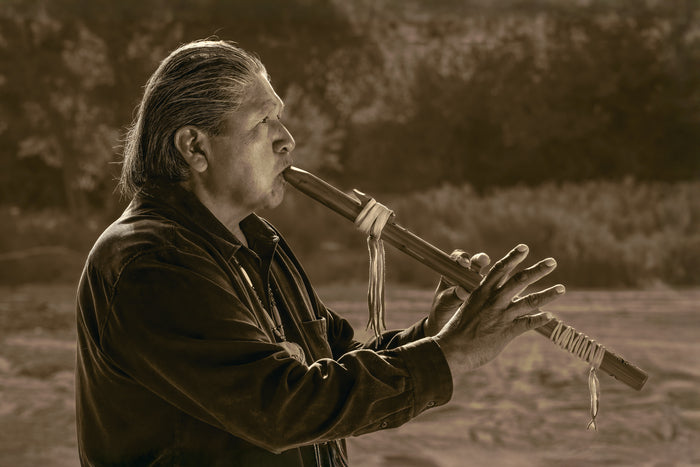 Flute Player #2 - Navajo Music and Spirit, 2025, archival gold tone print, 16 x 24 in. / 40.64 x 60.96 cm.