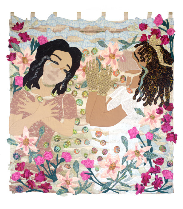 In Remembrance - Asian Spa, 2021, stitched fabric, 42 x 44 in. / 106.68 x 111.76 cm.